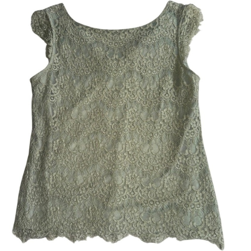 Sage Green Floral Lace Sleeveless‎ Top Scalloped  Cap Sleeve Womens Medium